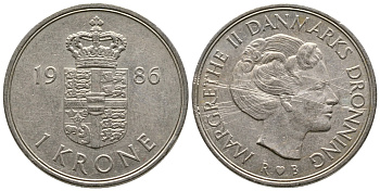 Дания 1 крона 1986 R;B, Маргрете II (1972-) KM 862.3 медно-никель 62-911