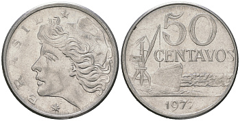 Бразилия 50 сентаво 1977 голова свободы влево KM 580b нержавеющая сталь 4175-115