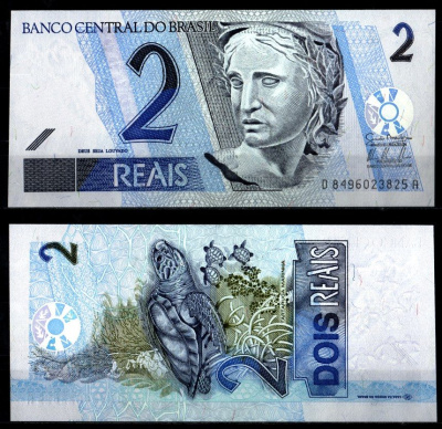 Бразилия 2 реала ND (2001-2012) Республика, морская черепаха Pick 249 [g] бумага UNC (пресс) 2119-42-3-1