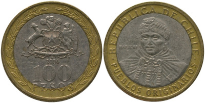 Чили 100 песо 2006 So KM 236, Schon 84 биметалл 4544-217