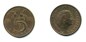 НИДЕРЛАНДЫ 5 ЦЕНТОВ 1978 ЮЛИАНА KM 181 бронза 76-452