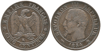 ФРАНЦИЯ 5 САНТИМОВ 1854 K, НАПОЛЕОН III (1852-1870) KM 777.5, LE FRANC 116.13 бронза 34-427