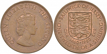 Джерси 1/12 шиллинга 1960 Елизавета II (1952-2022), 300 лет вступления на престол короля Карла II KM 23 бронза 4403-1116