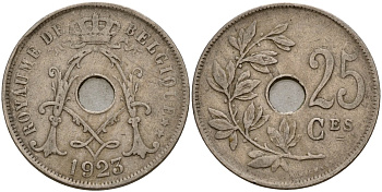 Бельгия 25 сантимов 1923 Belgique KM 68 медно-никель 4159-553