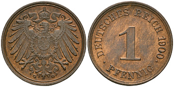 Германия 1 пфенниг 1900 G, Вильгельм II (1888-1918) KM 10, J. 10 медь 4608-618
