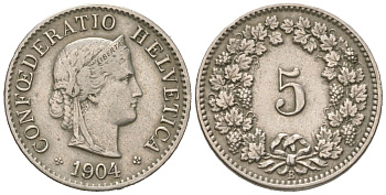 Швейцария 5 раппенов 1904 B KM 26 медно-никель 4160-223