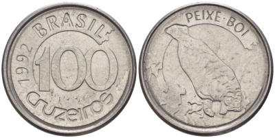БРАЗИЛИЯ 100 КРУЗЕЙРО 1992 РЕФОРМА 1990-1993, ЛАМАНТИН KM 623 нержавеющая сталь 4387-266