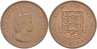 Джерси 1/12 шиллинга 1960 Елизавета II (1952-2022), 300 лет вступления на престол короля Карла II KM 23 бронза 4403-1116