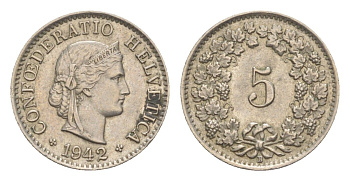 Швейцария 5 раппенов 1942 B KM 26 медно-никель 4627-655