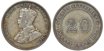 Стрейтс-Сетлментс 20 центов 1927 Георг V (1910-1936) КМ 30b серебро 53-756