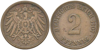 ГЕРМАНИЯ 2 ПФЕННИГА 1907 A KM 16, J. 11, Weege 4 медь 211-516