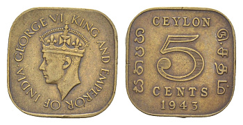 Цейлон 5 центов 1943 Георг VI (1936-1952) KM 113.1 никель латунь 4649-241