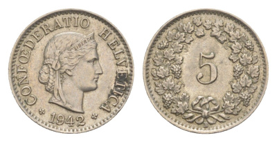 Швейцария 5 раппенов 1942 B KM 26 медно-никель 4627-655