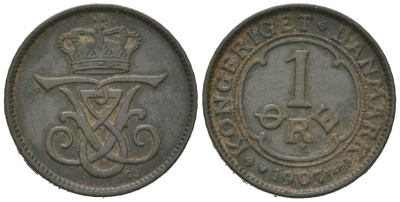 Дания 1 эре 1907 VBP, Фредерик VIII (1906-1912) KM 804 бронза 4147-263