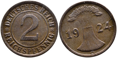 ГЕРМАНИЯ 2 РЕЙХСПФЕННИГА 1924 G KM 38, J. 314 бронза 4387-1143