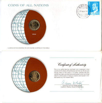 Испания 1 песета 1966 (70) конверт с маркой первого дня гашения, Coins of Nations KM 796 алюминиевая бронза UNC 4294-67-2