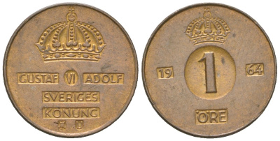 Швеция 1 эре 1964 U, Густав VI Адольф (1950-1973) KM 820 бронза 220-965