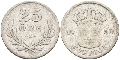 Швеция 25 эре 1930 G, Густав V (1907-1950) KM 785 серебро 4147-938