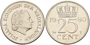 Нидерланды 25 центов 1980 Юлиана (1949-1980) КМ 183 никель    4124-161