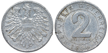 Австрия 2 гроша 1954 KM алюминий 4164-253