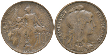 ФРАНЦИЯ 10 САНТИМОВ 1898 ДАНИЭЛЬ ДЮПЮИ KM 843, LA FRANC 136.6 бронза 59-635