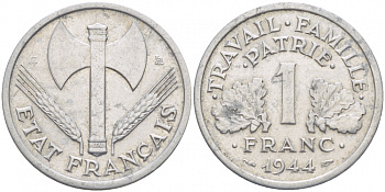 ФРАНЦИЯ 1 ФРАНК 1944 С, ТИП LEGERE, ПРАВИТЕЛЬСТВО ВИШИ KM 902.2, LE FRANC 223.7 алюминий 4402-931