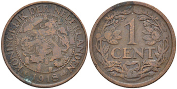 НИДЕРЛАНДЫ 1 ЦЕНТ 1918 ВИЛЬГЕЛЬМИНА (1890-1948) KM 152 бронза 76-145