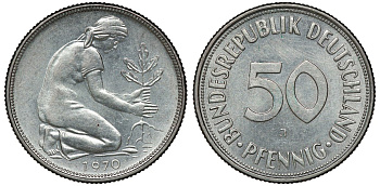 ФРГ 50 ПФЕННИГОВ 1970 J J 384, KM 109.1 медно-никель aUNC 72-1038