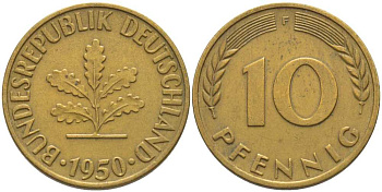 ФРГ 10 ПФЕННИГОВ 1950 F KM 108, J. 383 сталь плакированная латунью 175-735