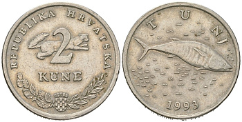 Хорватия 2 куна 1993 тунец, легенда на хорватском KM 10 медь цинк никель 4448-1021