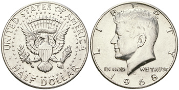 США 1/2 доллара (50 центов) 1968 D, Джон Кеннеди KM 202a серебро  UNC  4178-935