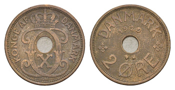 Дания 2 эре 1929 N, Кристиан X (1912-1947) KM 827 бронза 4639-742
