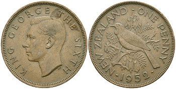 Новая Зеландия 1 пенни 1952 Георг VI (1936-1952), новозеландский туи KM 21 бронза 4557-1245