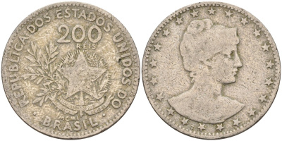 Бразилия 200 рейс 1901 голова свободы вправо KM 504 медно-никель 4589-1111