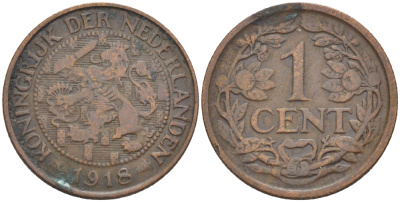 НИДЕРЛАНДЫ 1 ЦЕНТ 1918 ВИЛЬГЕЛЬМИНА (1890-1948) KM 152 бронза 76-145