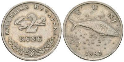 Хорватия 2 куна 1993 тунец, легенда на хорватском KM 10 медь цинк никель 4448-1021
