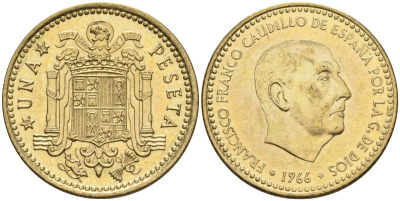Испания 1 песета 1966 (73) Франсиско Франко (1939-1975) KM 796 алюминиевая бронза 4604-415