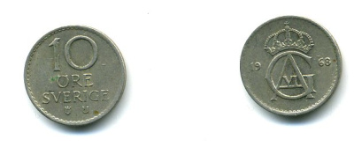 Швеция 10 эре 1968 Густав VI Адольф (1950-1973) KM 835 медно-никель 59-326