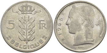 БЕЛЬГИЯ 5 ФРАНКОВ 1965 BELGIQUE, БОДУЭН I (1951-1993) KM 134.1 медно-никель 119-726