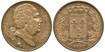 Франция 20 франков 1822 A, Луи XVIII KM 712.1 золото aUNC 00-000-00