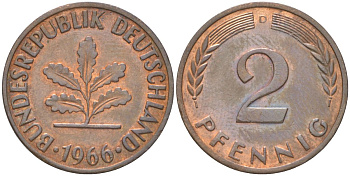 ФРГ 2 пфеннига 1966 D KM 106 бронза 4613-1218