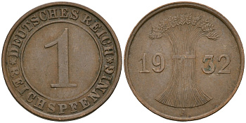 Германия 1 рейхспфенниг 1932 A KM 37, J. 313 бронза 4189-1144