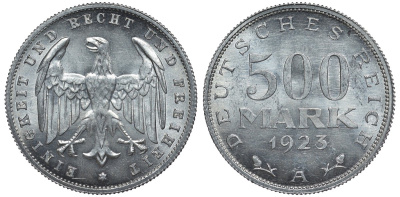 Германия 500 марок 1923 А KM 36, J.305 алюминий UNC 4587-536