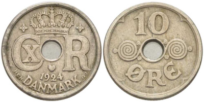 ДАНИЯ 10 ЭРЕ 1924 HCN ; GJ, КРИСТИАН X (1912-1947) KM 822.1 медно-никель 4392-1124