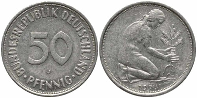 ФРГ 50 ПФЕННИГОВ 1974 J KM 109.1, J. 384 медно-никель 112-156