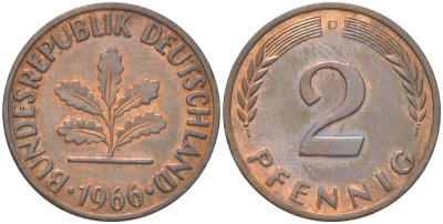 ФРГ 2 пфеннига 1966 D KM 106 бронза 4613-1218