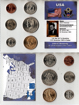 США набор из 6 монет (1, 5, 10 и 25 центов; 1/2 и 1 доллар) 2001, 2009, 2013 и 2015 в красочной упаковке с информацией о 35-ом президенте Джона Кеннеди KM 195a, A202b, 201b, A192, 546 и 608 UNC 2-6-3-92