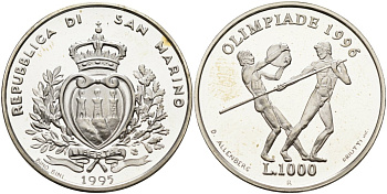 Сан-Марино 1000 лир 1995 XXVI летние Олимпийские игры в Атланте 1996 года, копьеметатель и дискобол KM 332 серебро PROOF 1096-4-11