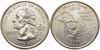 США 25 центов = квотер 2004 P, серия штаты США, Мичиган KM 355 медь плакированная медно-никелем UNC M50-03