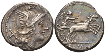 Римская Республика денарий 157 - 156 гг. до н.э. голова Ромы в шлеме, X (обозначение номинала) / Виктория в биге, ROMA, Рим, 3,83 гр Cr. 197/1b; Syd. 431 серебро 1073-5-3-3